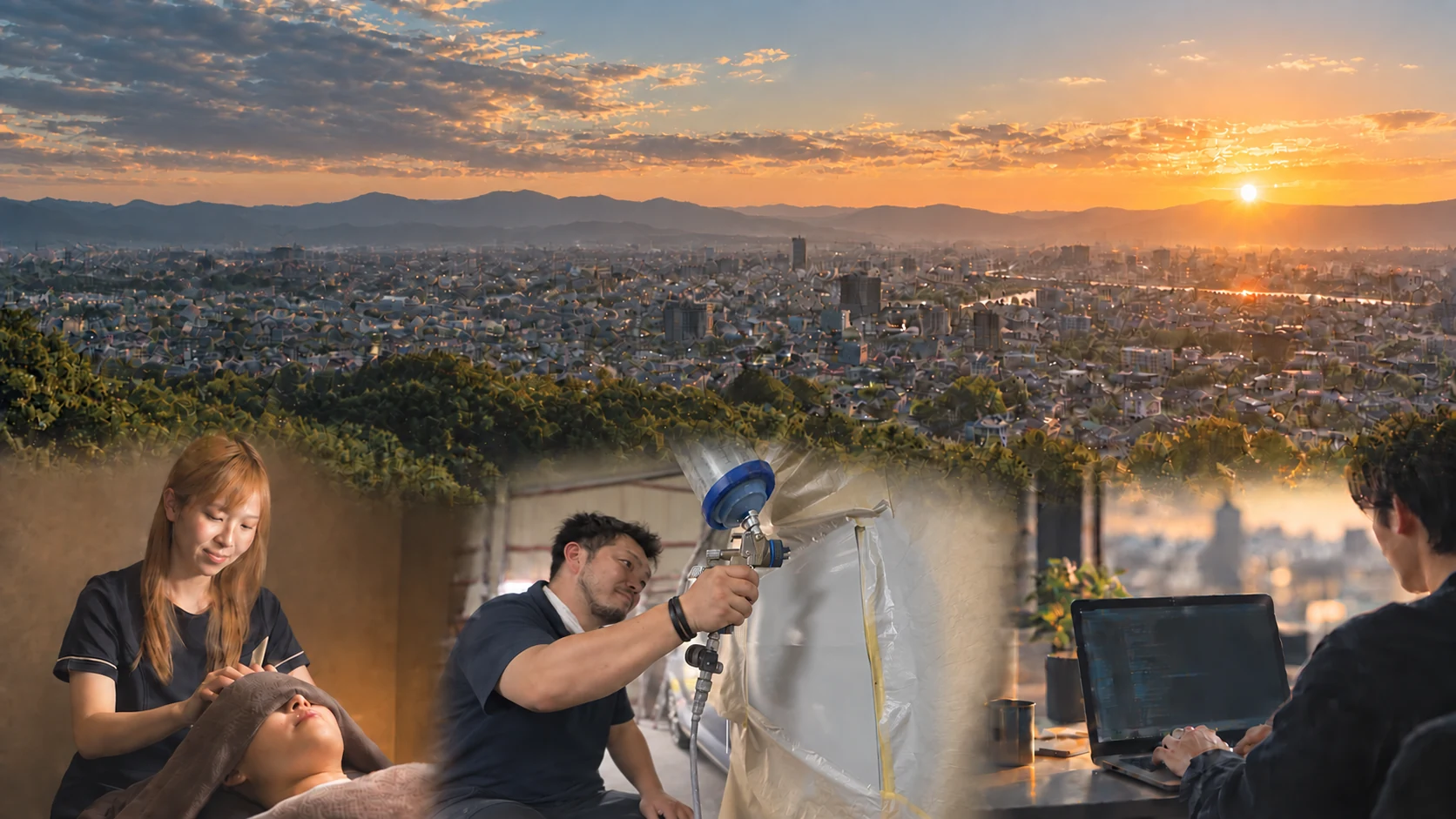 A therapist, a body-shop painter and a software developer at work in front of a city skyline at sunset